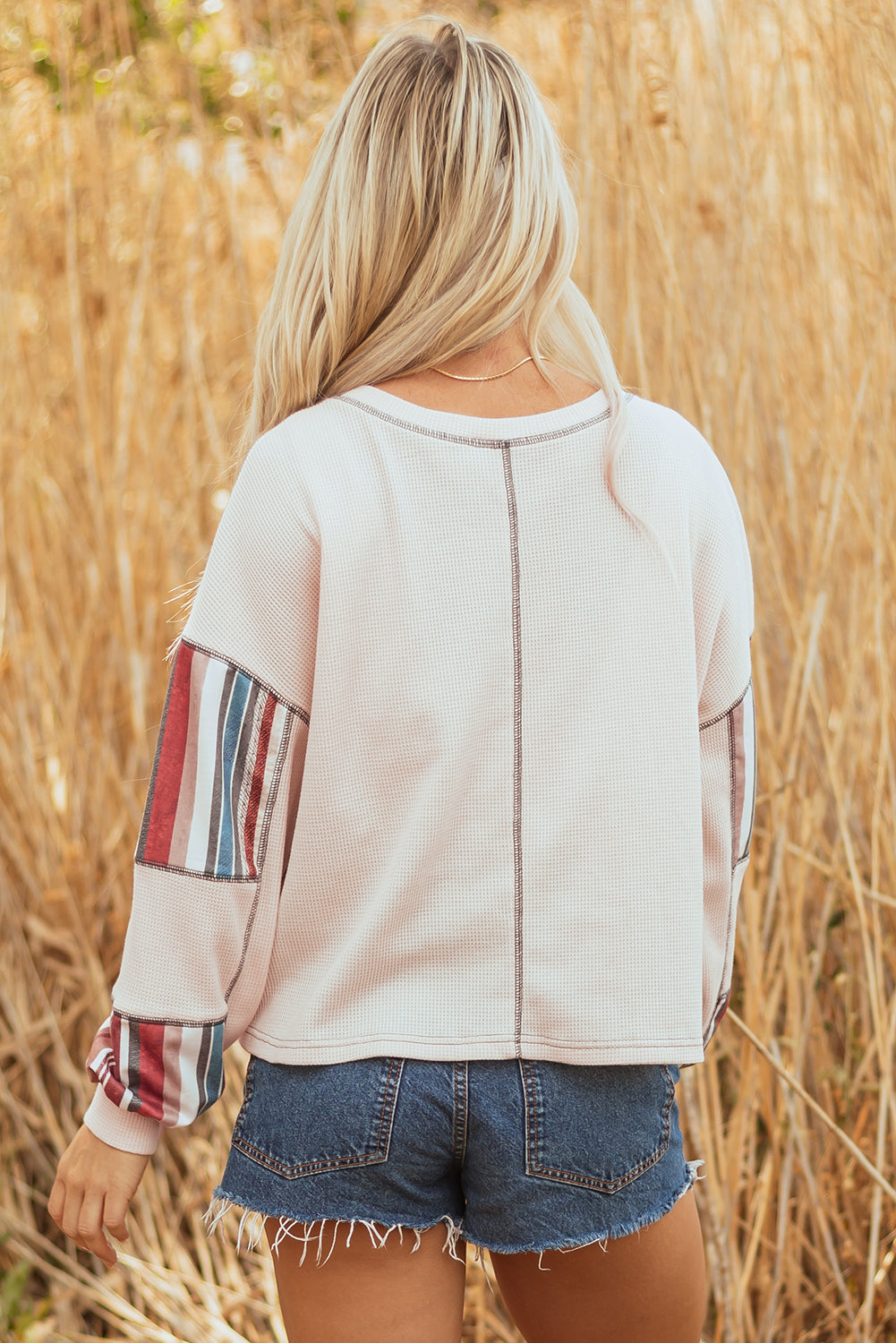 Elizabeth Striped Waffle Exposed Seam Casual Knit Top-1