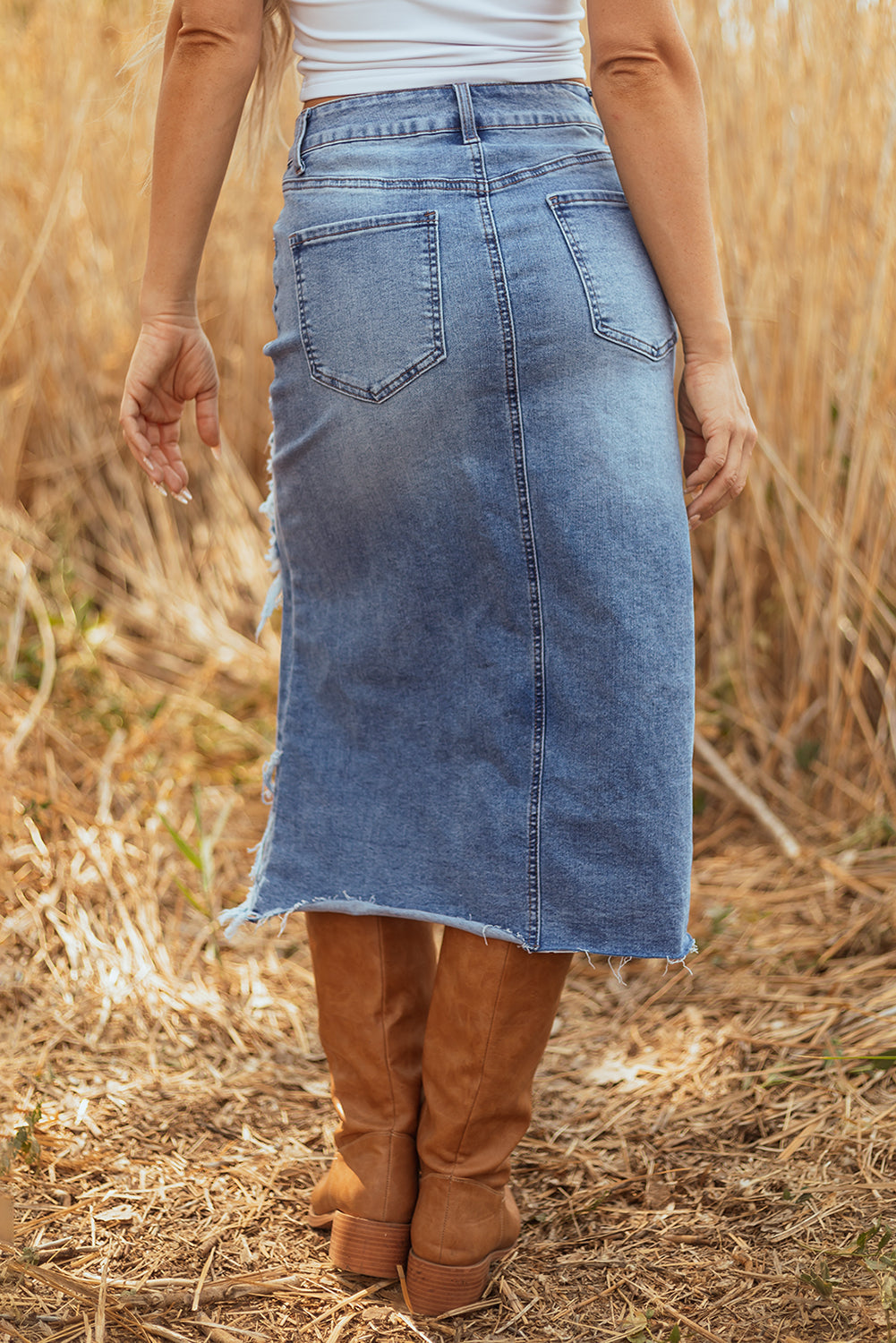 Alexis Irregular Distressed Bottom Denim Midi Skirt-1
