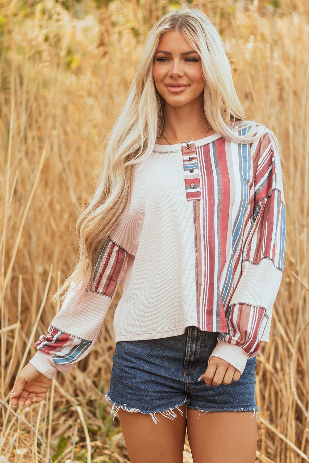 Elizabeth Striped Waffle Exposed Seam Casual Knit Top-3