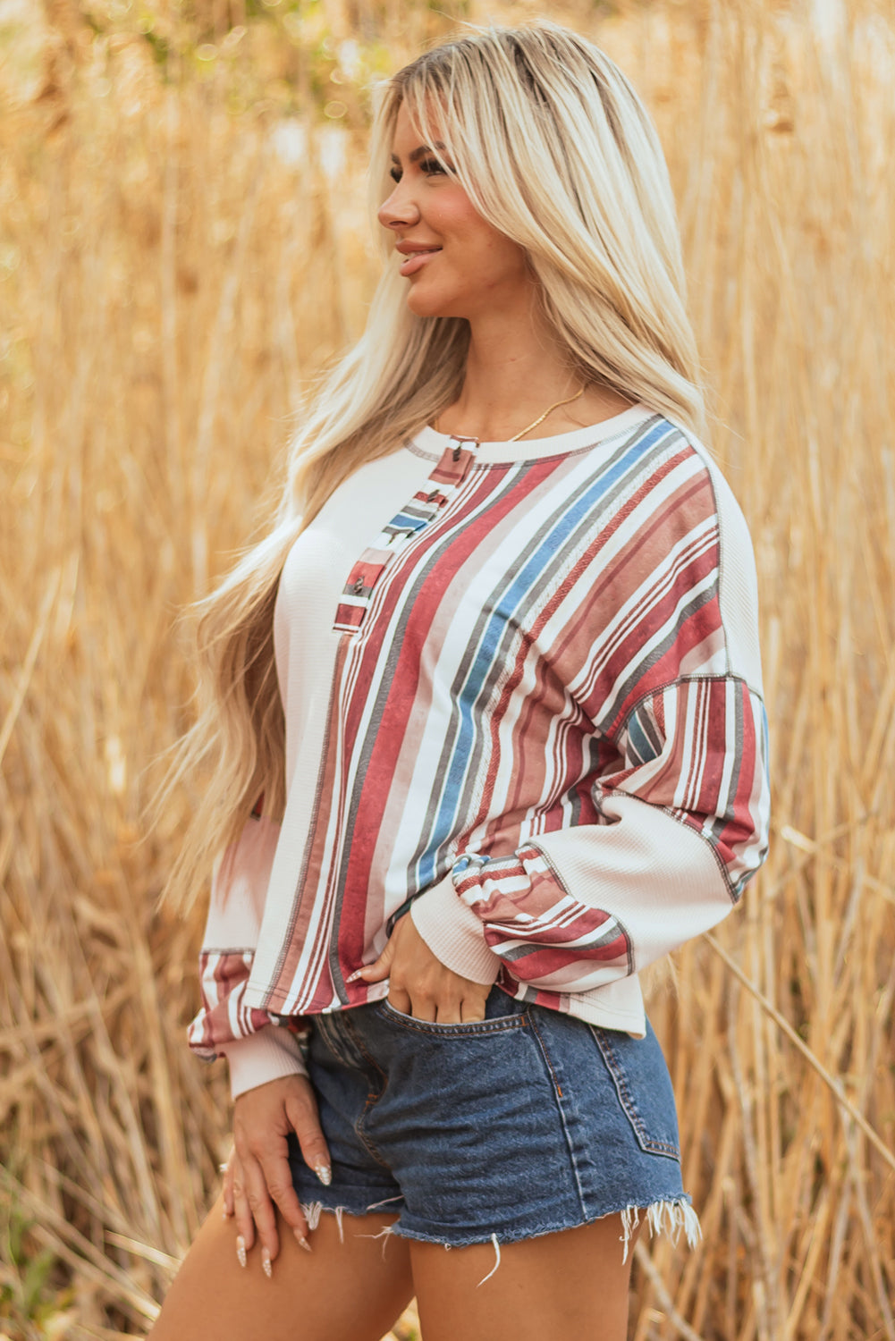 Elizabeth Striped Waffle Exposed Seam Casual Knit Top-2