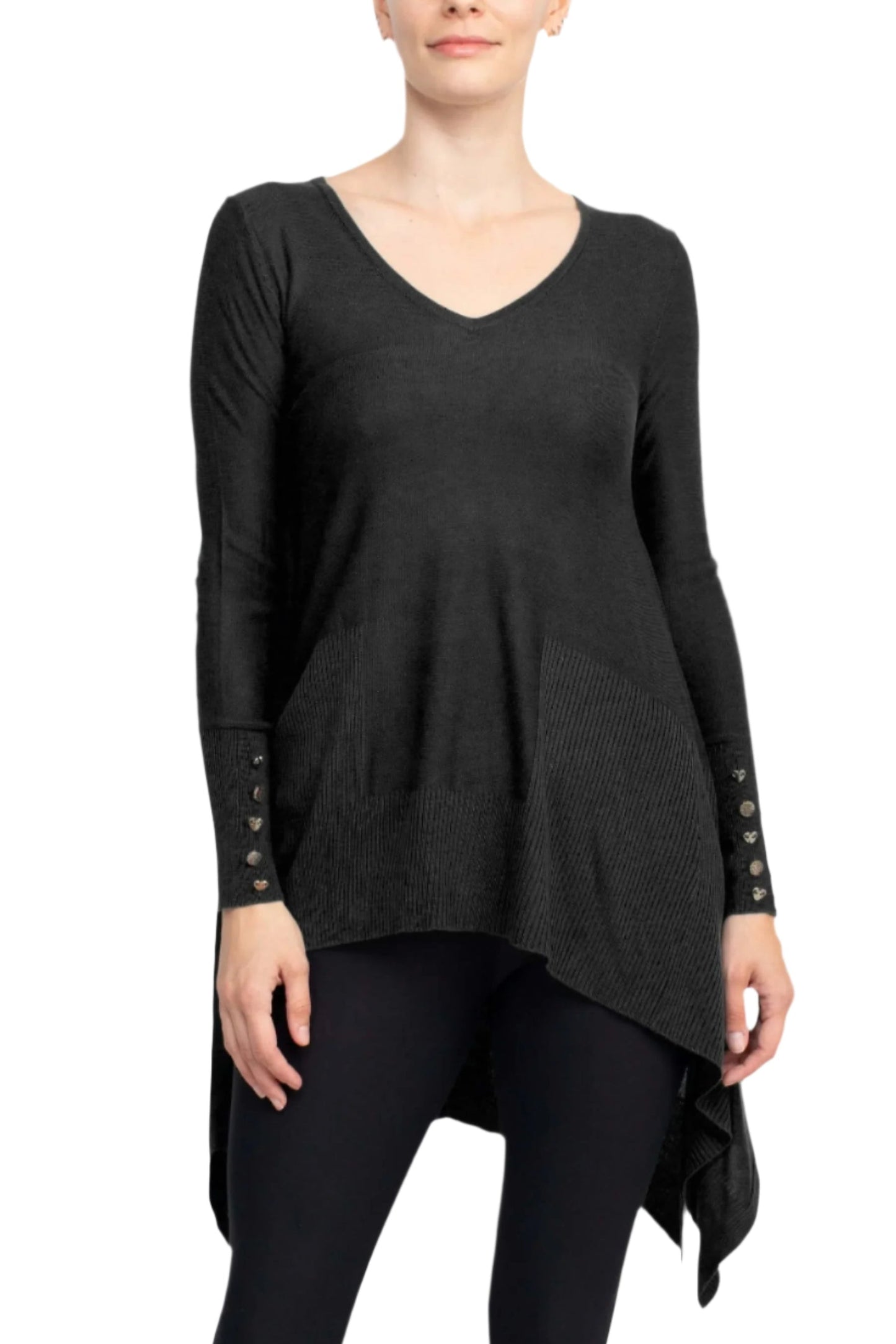 Cupio V-Neck Long Sleeve High Low Hem Knit Top
