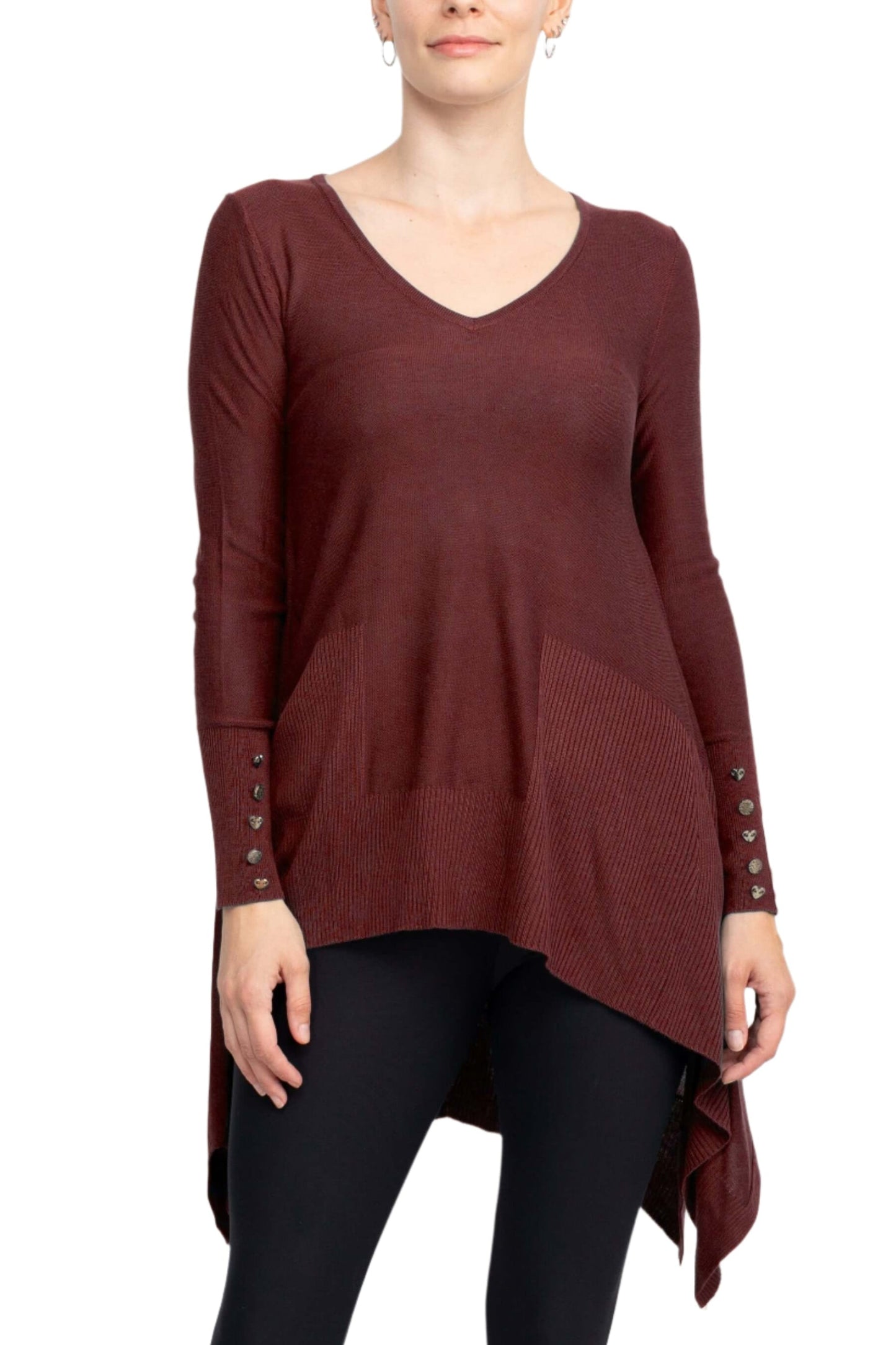 Cupio V-Neck Long Sleeve High Low Hem Knit Top