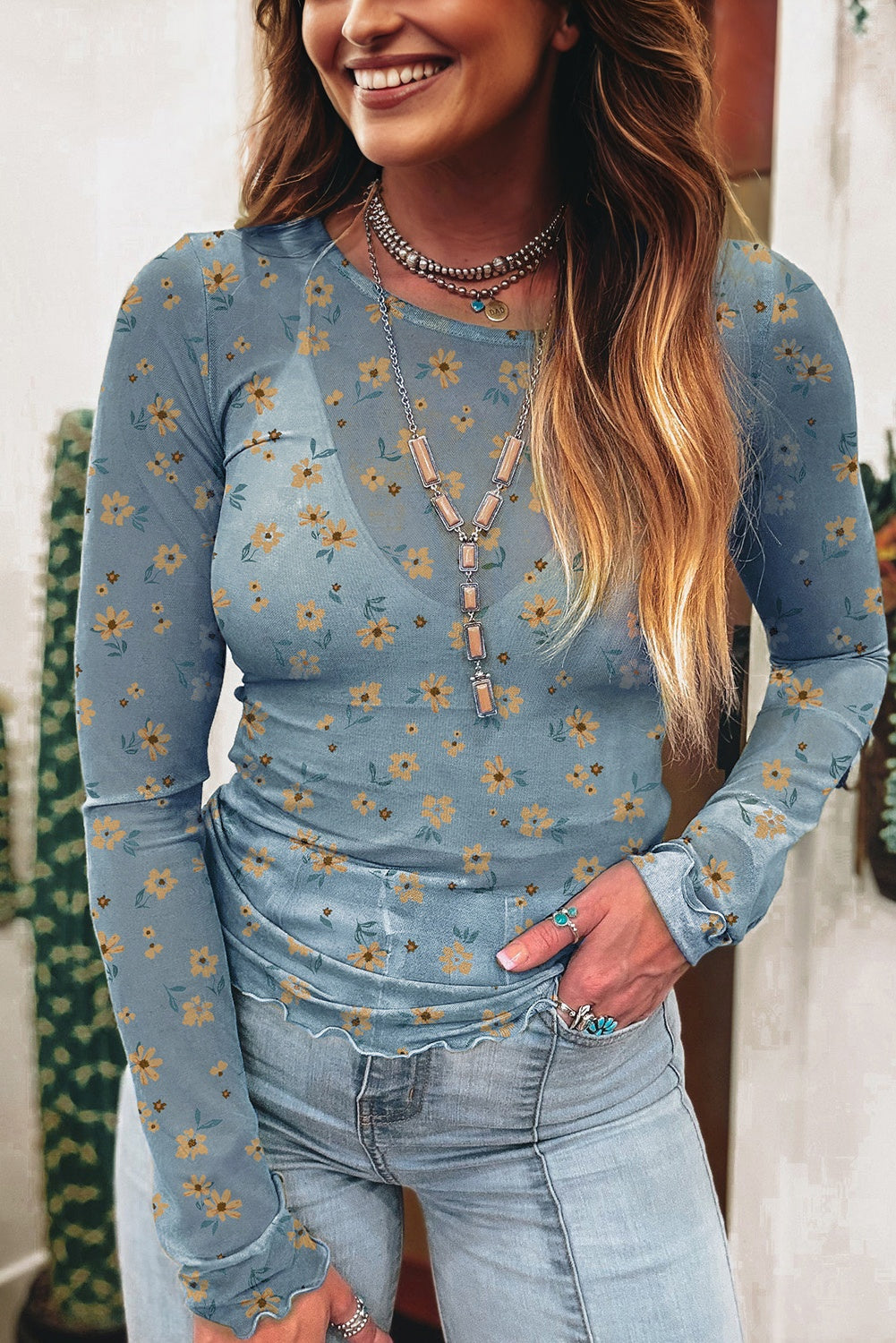 Amber Vintage Floral Mesh Long Sleeve Top-6