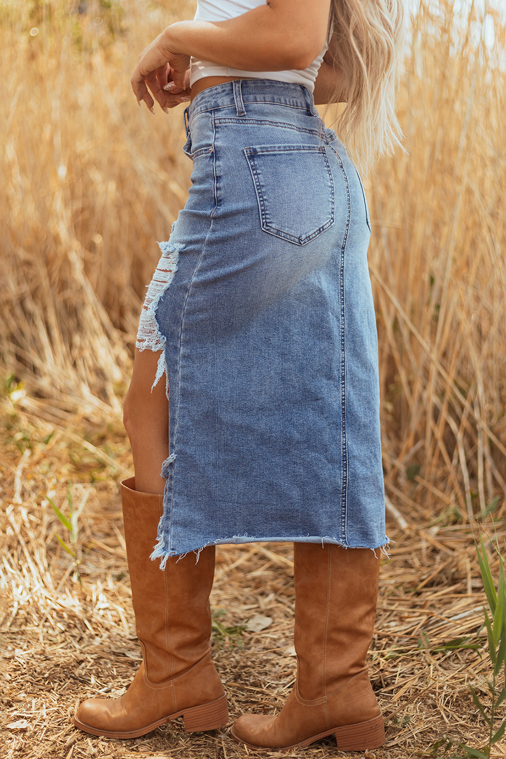 Alexis Irregular Distressed Bottom Denim Midi Skirt-2