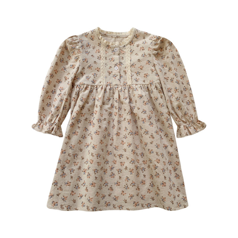 Arrival Autumn Girls Vintage Flowers Pattern Long Sleeves Lace Trim Crew Neck Dress