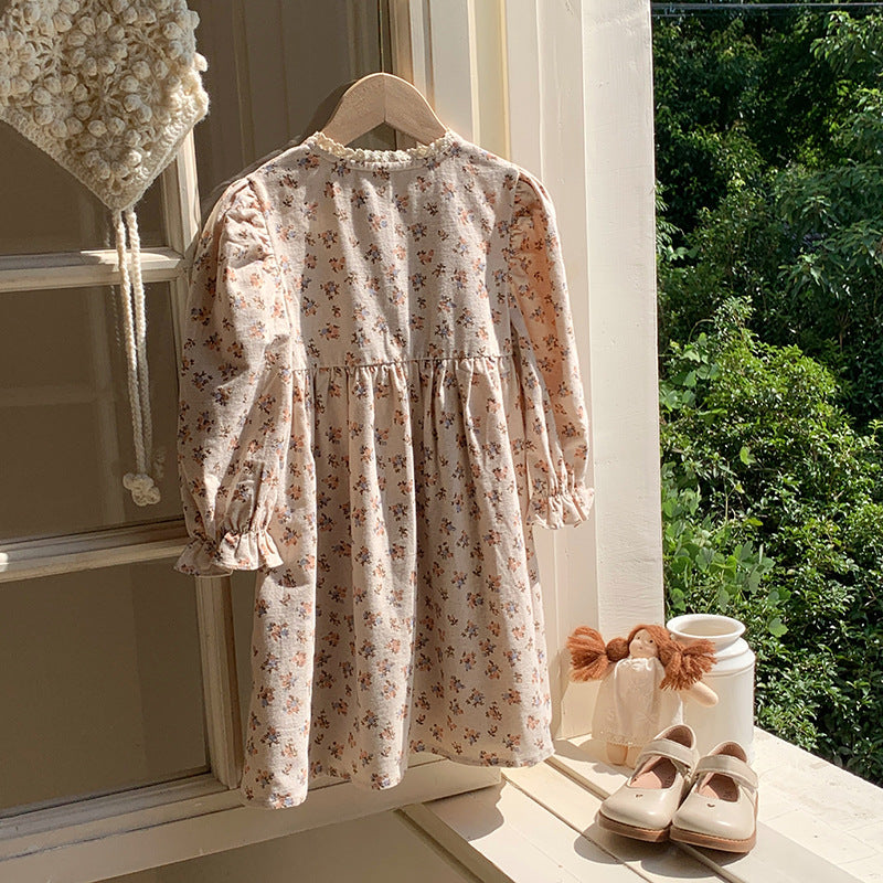 Arrival Autumn Girls Vintage Flowers Pattern Long Sleeves Lace Trim Crew Neck Dress