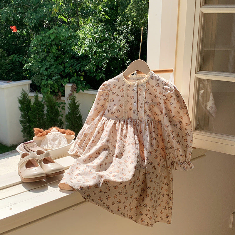 Arrival Autumn Girls Vintage Flowers Pattern Long Sleeves Lace Trim Crew Neck Dress