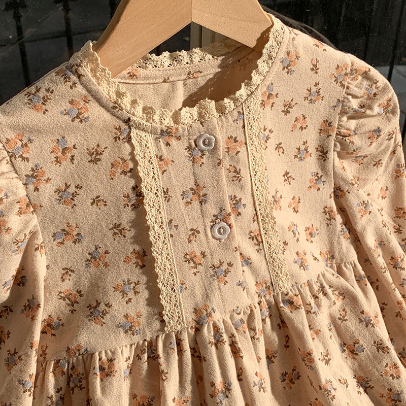 Arrival Autumn Girls Vintage Flowers Pattern Long Sleeves Lace Trim Crew Neck Dress