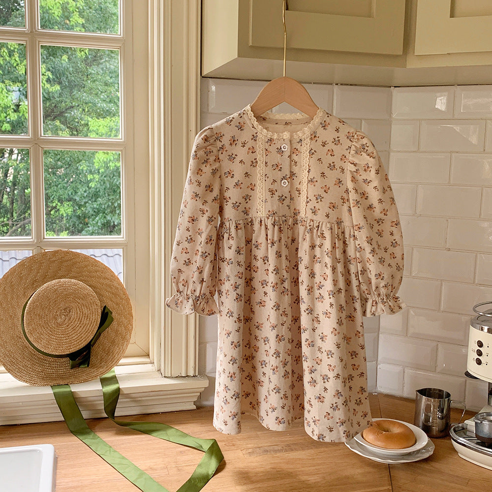 Arrival Autumn Girls Vintage Flowers Pattern Long Sleeves Lace Trim Crew Neck Dress