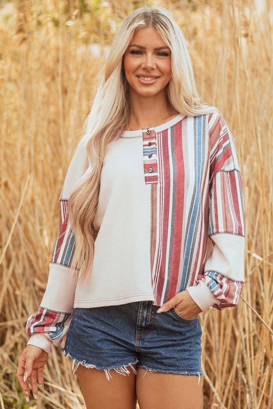 Elizabeth Striped Waffle Exposed Seam Casual Knit Top-0