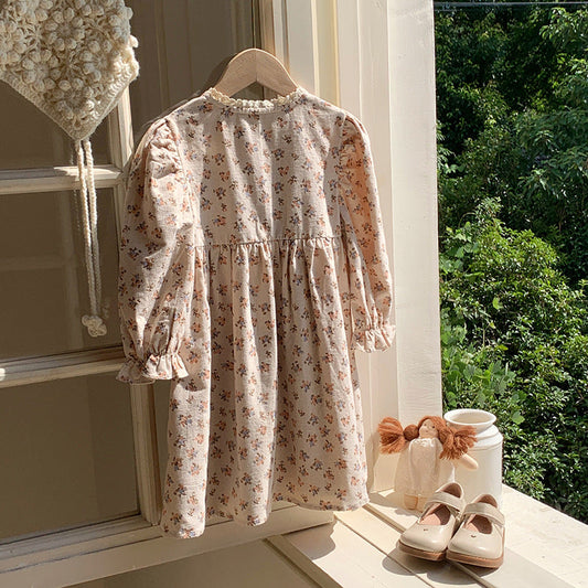Arrival Autumn Girls Vintage Flowers Pattern Long Sleeves Lace Trim Crew Neck Dress